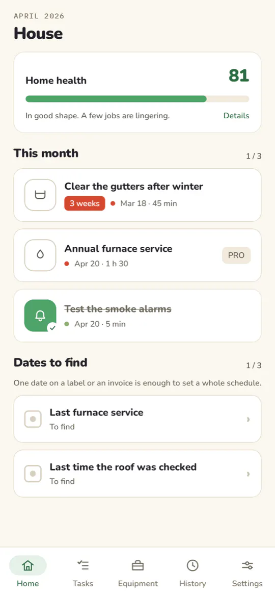 The Almanac home screen in April 2026: a home health score of 81 out of 100, three jobs this month including one overdue, and two dates to find.