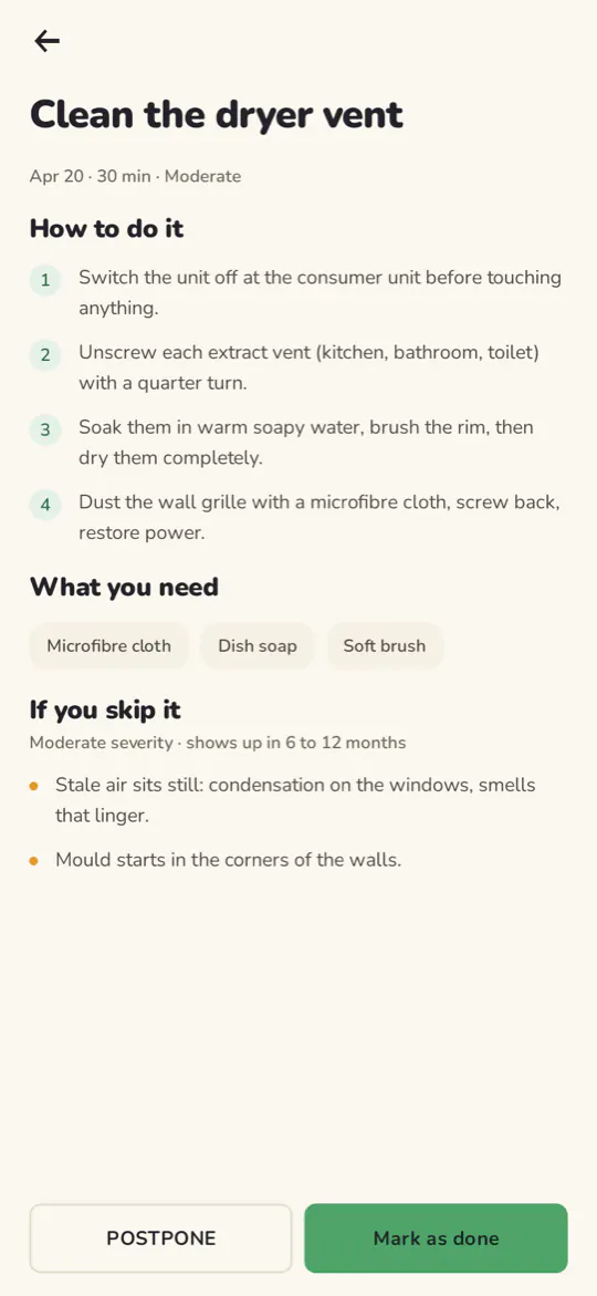 The task sheet 'Clean the dryer vent': four numbered steps, what you need, and two consequences if you skip it.