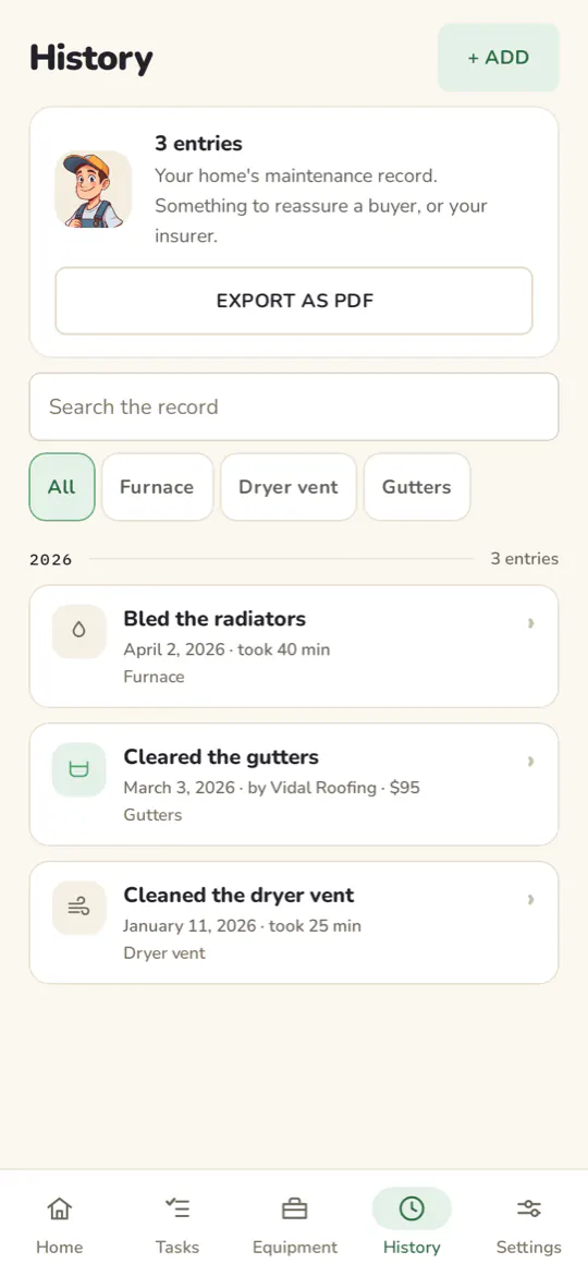 The history: three entries in 2026, each with its date, who did it, what it cost, and the button to export the record as a PDF.