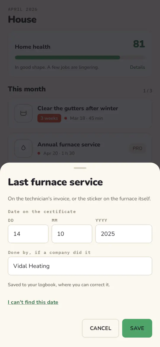 The 'Last furnace service' sheet: the date read off the technician's invoice and the name of the company.