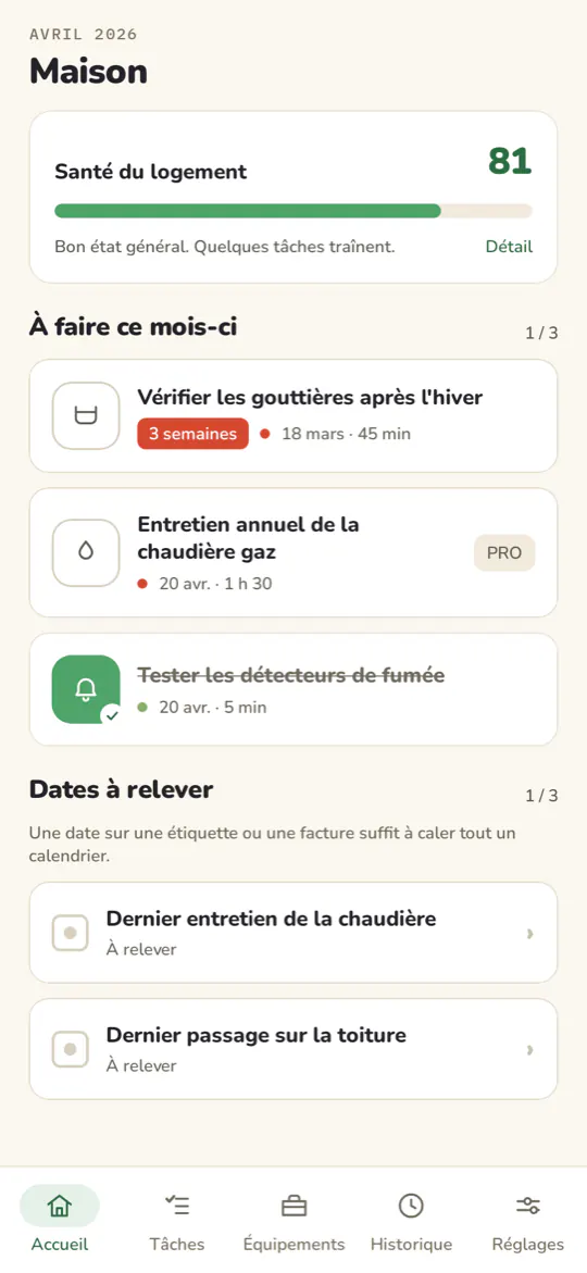 L'accueil d'Almanac en avril 2026 : une note de santé du logement de 81 sur 100, trois tâches à faire ce mois-ci dont une en retard, et deux dates à relever.