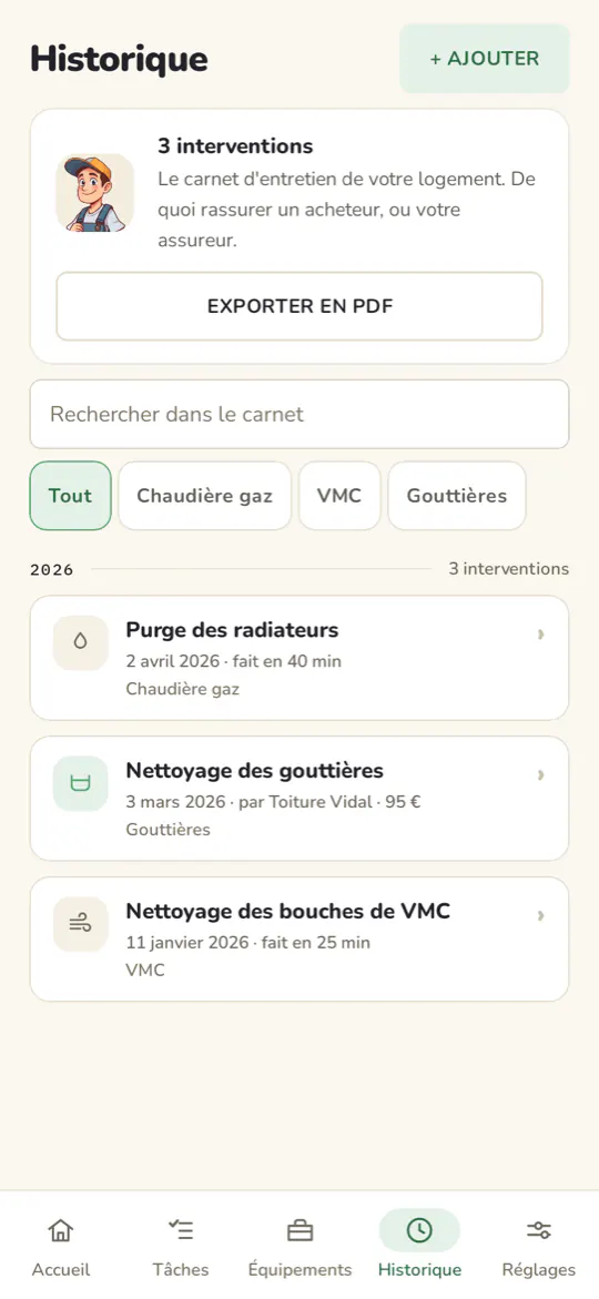 L'historique : trois interventions en 2026, avec la date, qui l'a faite, le coût payé, et le bouton d'export du carnet en PDF.