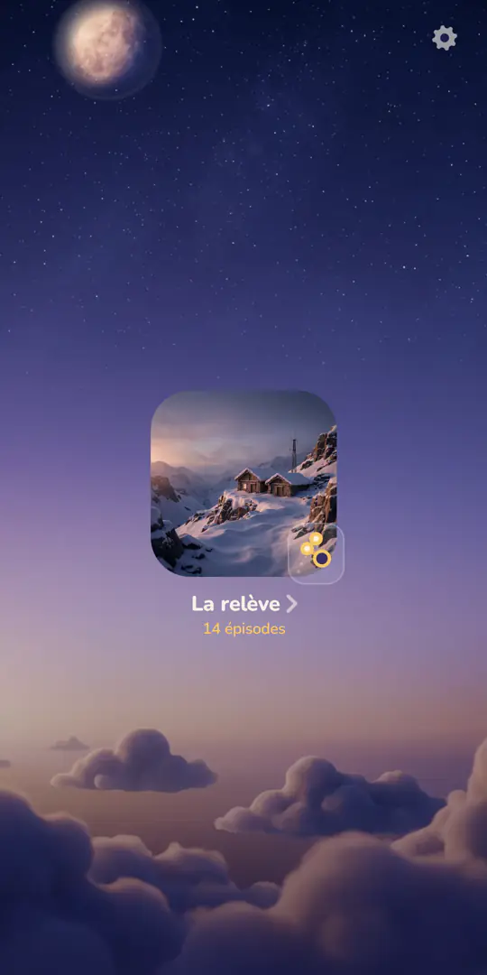 L'étagère d'À suivre, sur un ciel du soir avec la lune : la couverture de « La relève », quatorze épisodes, et la mention « Un épisode t'attend ».