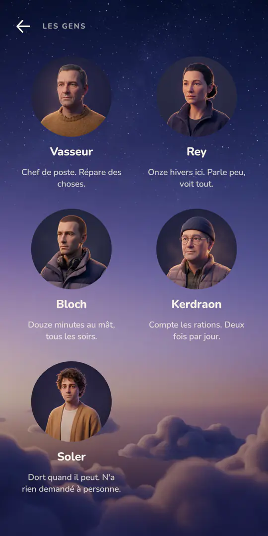 « Les gens » : cinq portraits en médaillon, Vasseur, Rey, Bloch, Kerdraon, Soler, chacun avec une phrase.