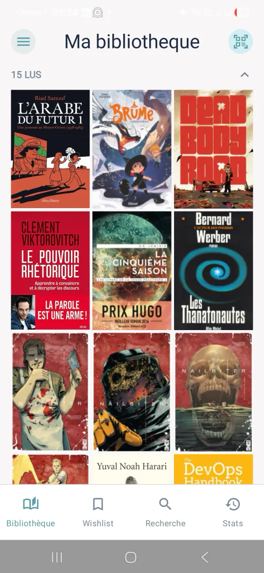 The library as a grid: fifteen books read, shown by their covers, with the Library, Wishlist, Search and Stats tabs at the bottom.