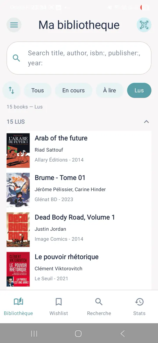 The library as a list: the search field for title, author, ISBN, publisher or year; the filters All, Reading, To read, Read; four books with author, publisher and year.