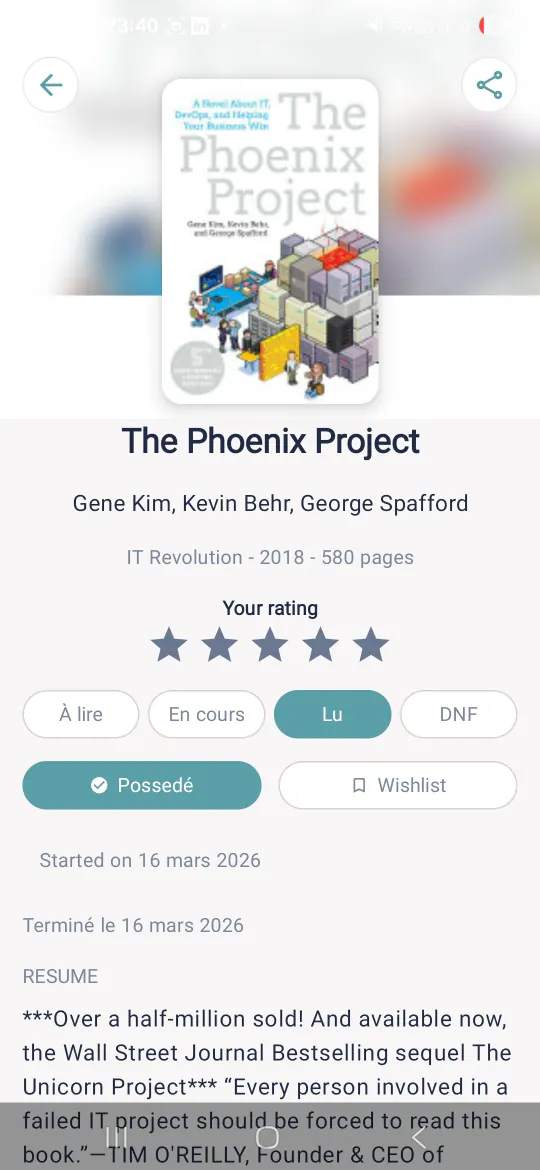The page for 'The Phoenix Project': cover, authors, publisher, year and page count; a five-star rating; the statuses To read, Reading, Read, DNF; the Owned and Wishlist buttons; start and finish dates; the summary.
