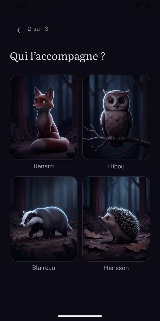 « Qui l’accompagne ? » et quatre animaux de nuit : un renard, un hibou, un blaireau, un hérisson.