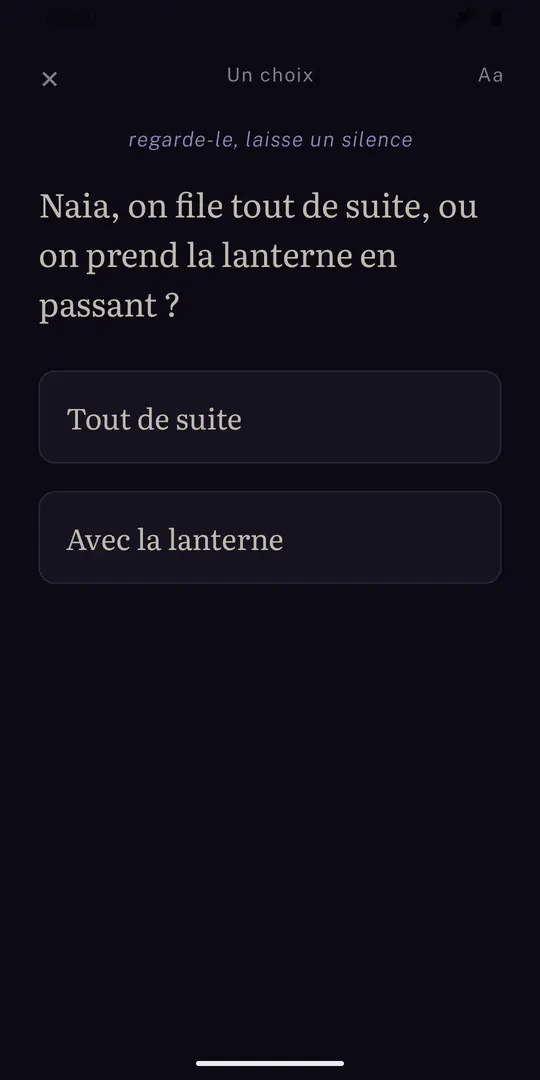 Une question : « Naia, on file tout de suite, ou on prend la lanterne en passant ? » et deux options, « Tout de suite » et « Avec la lanterne ».